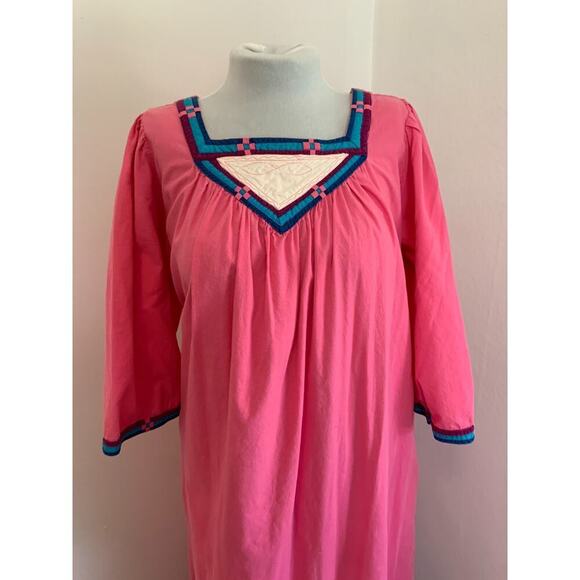VTG 60 70 Maxi Dress Embellishments Pink Mumu House Dress Aztec Southwest Cotton - Picture 5 of 17